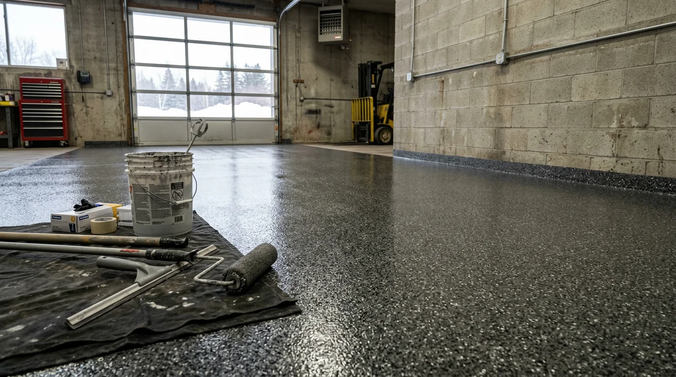 Decorative concrete flake coating applied to residential garage floor