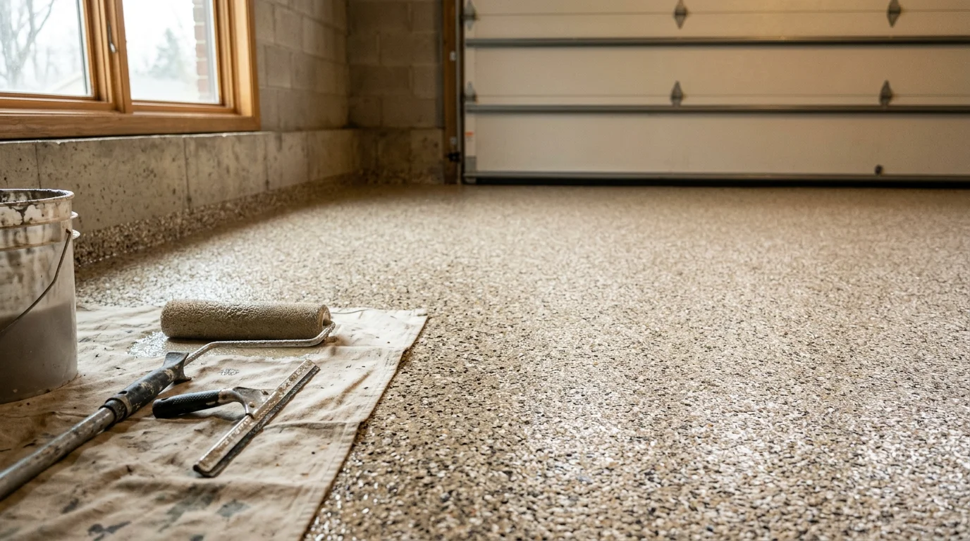 Decorative flake flooring system installed on residential patio