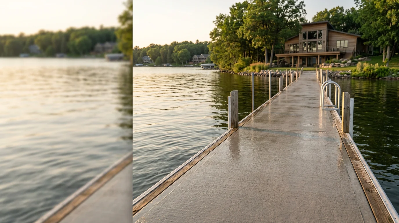 Lakefront home in Detroit Lakes with dock and water view during summer season.