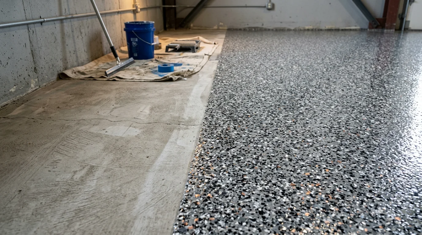 Finished commercial flake flooring inside a Detroit Lakes, Minnesota commercial space, showing a seamless multi-color decorative flake surface applied over a concrete slab. The floor reflects overhead lighting and shows no visible seams, cracks, or bare concrete.