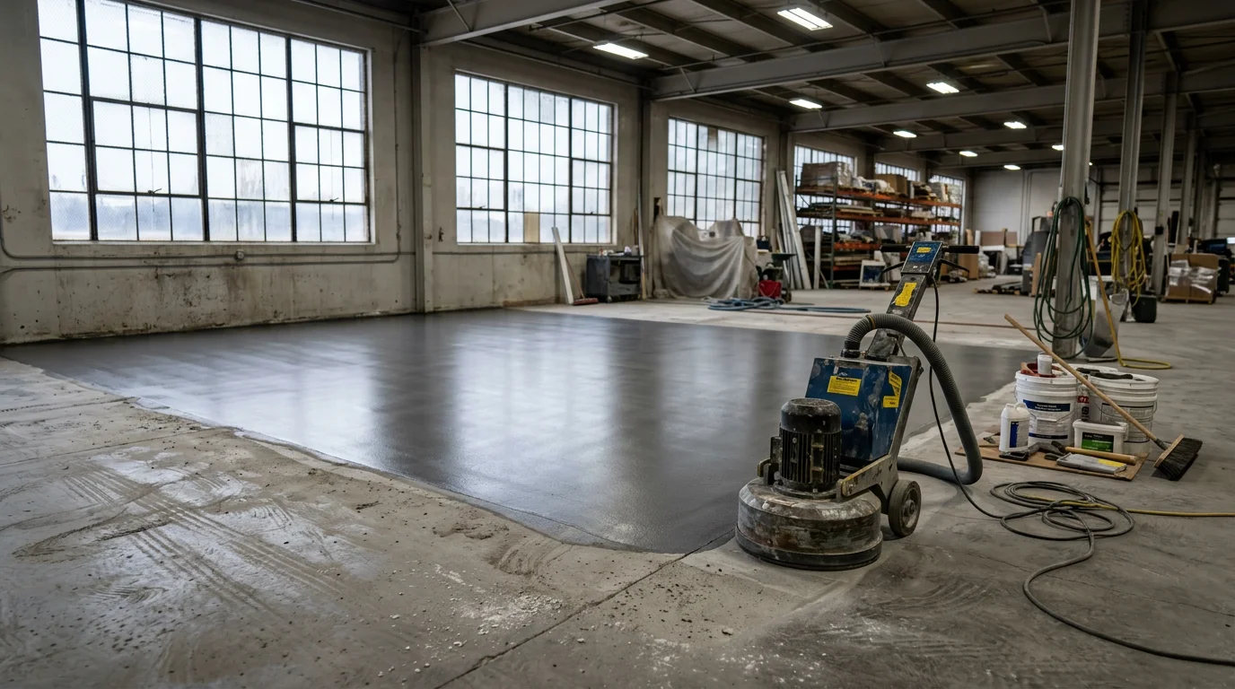 Freshly coated commercial concrete floor inside a Detroit Lakes, MN business facility, showing a smooth, uniform surface with a clean sheen under overhead lighting. The floor spans a large open commercial space with visible wall edges and industrial-style surroundings.