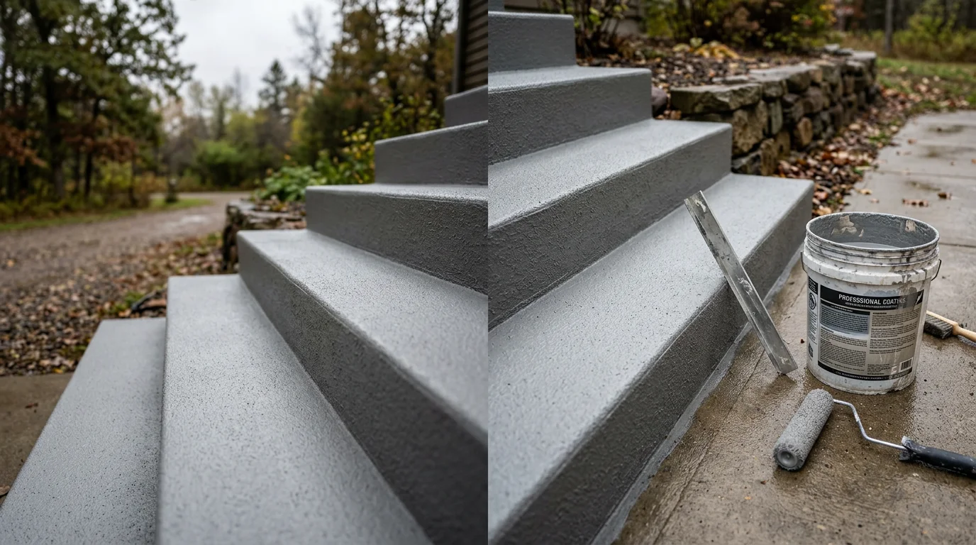 Freshly coated concrete front entry steps on a Detroit Lakes, MN home, showing a uniform textured surface with clean edges. The coating covers the full tread and riser face of each step, with no visible cracking or spalling.
