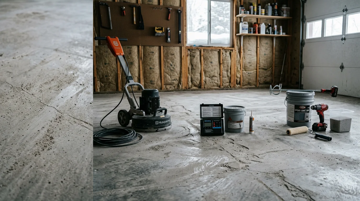Freshly coated garage floor in a Detroit Lakes, Minnesota home showing a smooth, glossy surface free of stains and cracks. The seamless finish reflects overhead lighting and covers the full slab of a two-car residential garage.