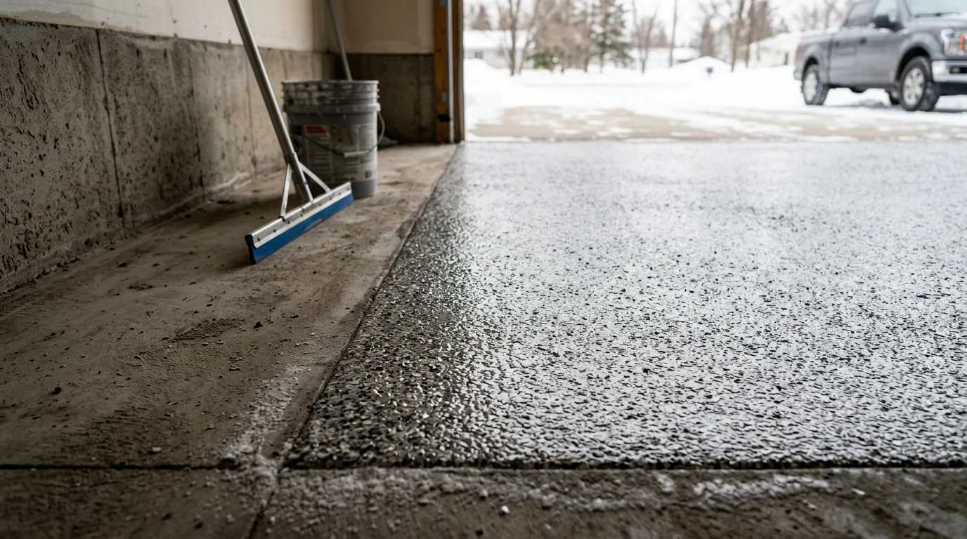 Finished garage floor flake system installed by Decorative Concrete Coatings in a Detroit Lakes residential garage, showing a seamless, multi-color decorative surface with a high-gloss topcoat. Two-car garage interior with clean, sealed concrete floor and visible flake texture throughout.
