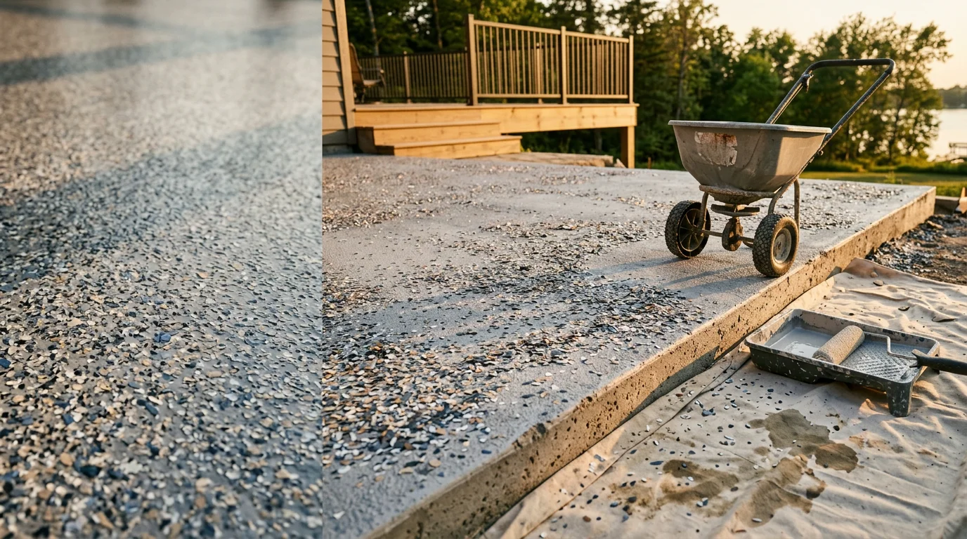 A Detroit Lakes residential patio with a freshly installed full-flake concrete coating in a neutral blend, showing a smooth, textured surface with a sealed finish. The outdoor space sits adjacent to a home exterior with natural light reflecting off the coated concrete.