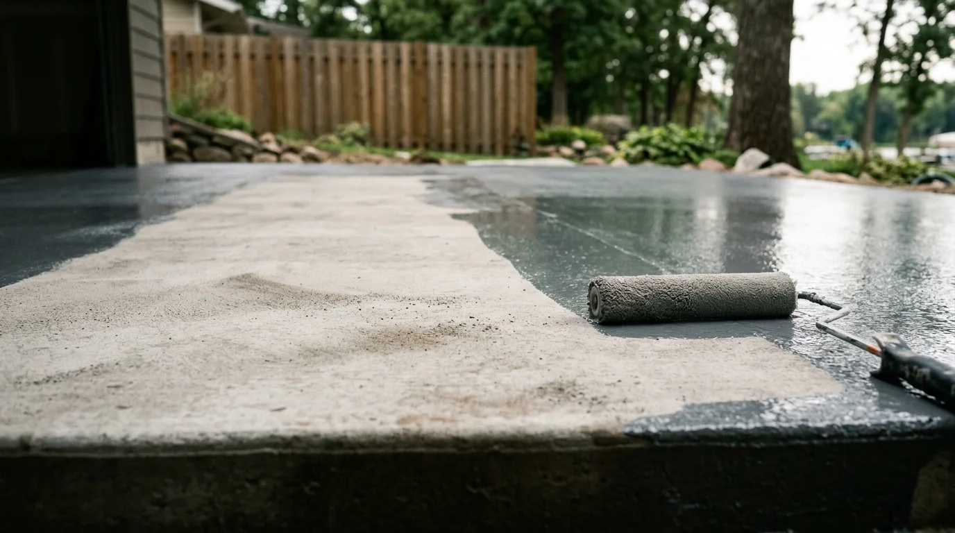 A freshly coated concrete patio at a Detroit Lakes, MN home showing a smooth, sealed surface with a clean decorative finish. The outdoor space is surrounded by typical Minnesota lakeside landscaping with no visible cracks or staining on the coated slab.