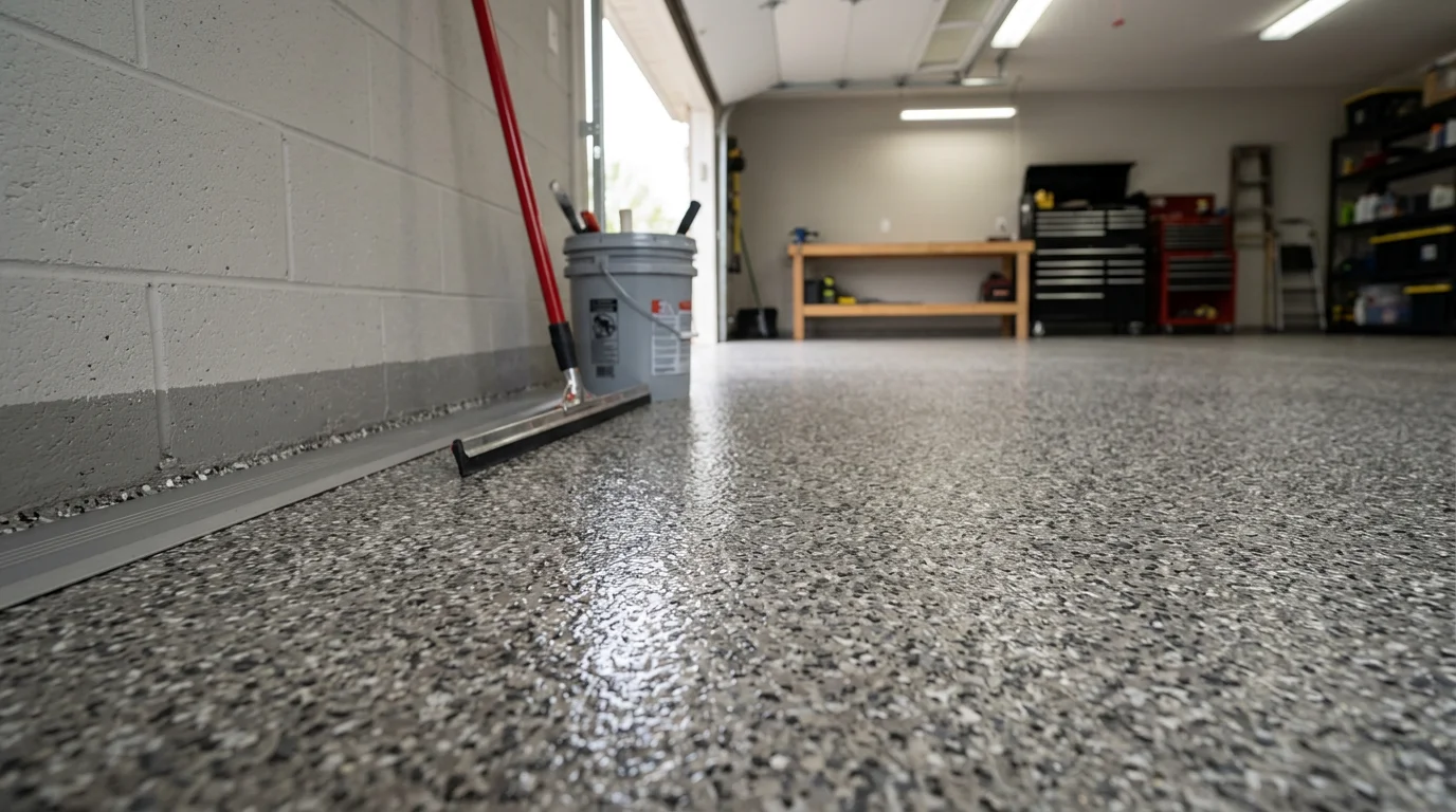 Finished residential flake flooring in a Detroit Lakes home garage, showing a multi-color vinyl flake surface with a sealed gloss topcoat over a clean concrete slab. The floor is free of cracks and staining, with even flake coverage from wall to wall.