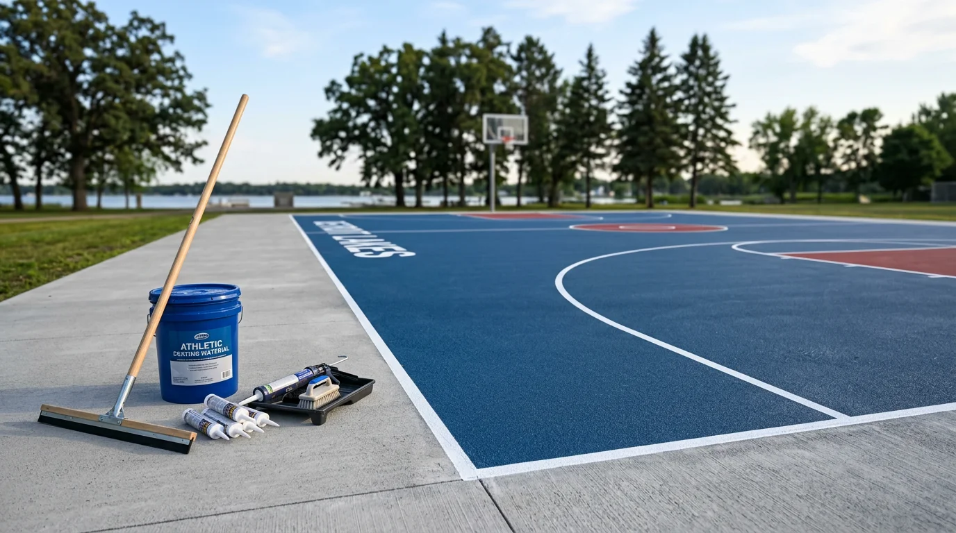 Freshly coated concrete sports court in Detroit Lakes, MN with crisp line striping for pickleball and basketball. The textured surface shows even color coverage and defined court boundaries on a residential outdoor slab.